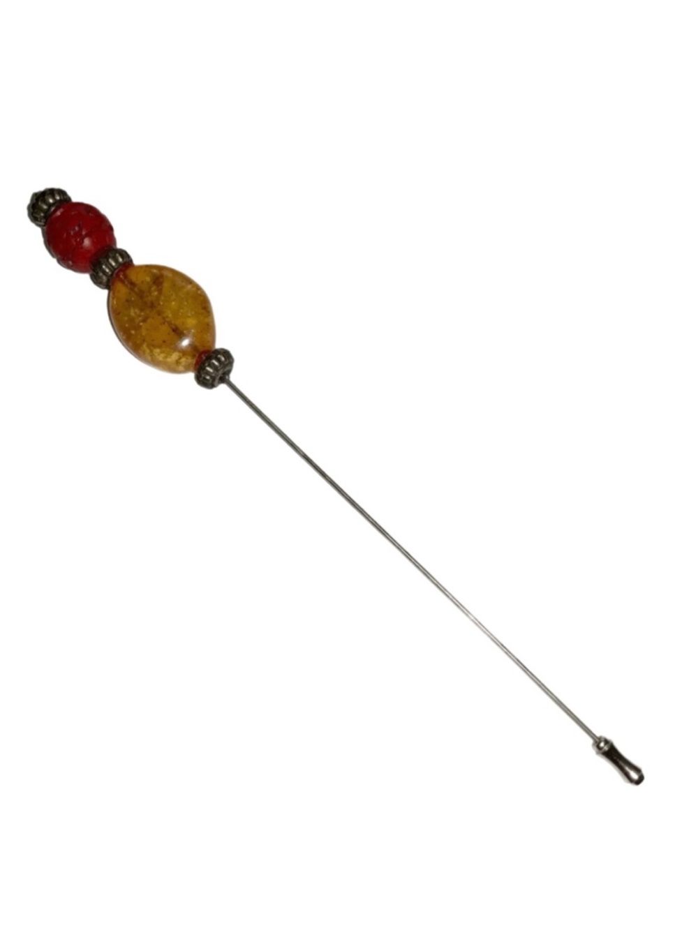 Hatpin with Amber and Cinnabar Beads